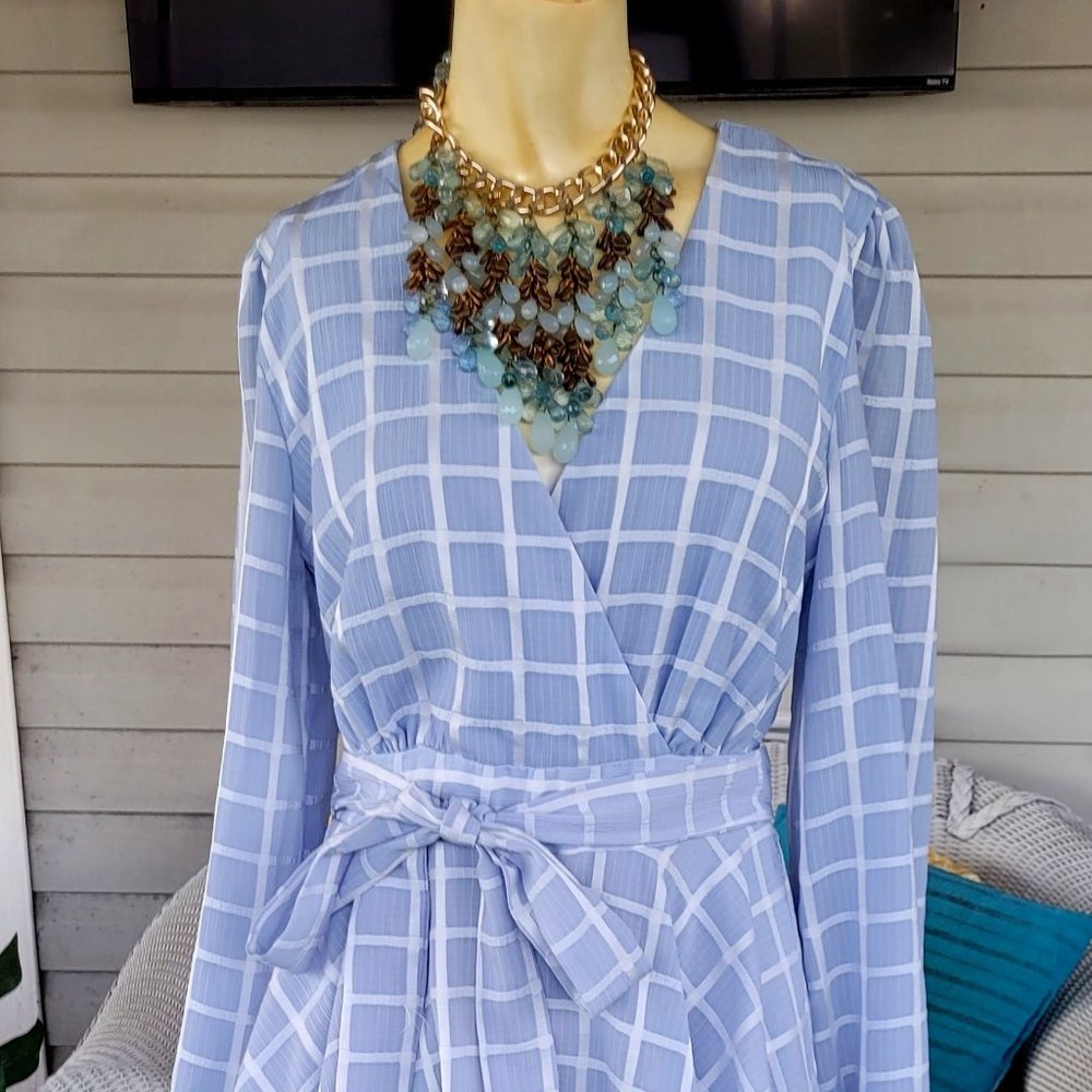 ALLISON AND KELLY---Romper, ruffled blue/white, V-neck, knee length dress---